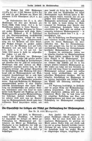 Die Sparpflicht der Ledigen als Mittel zur Bekämpfung der Wohnungsnot