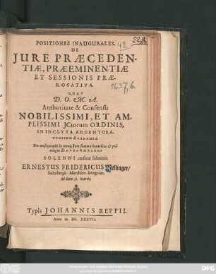 Positiones Inaugurales, De Iure Praecedentiae, Praeeminentiae Et Sessionis Praerogativa