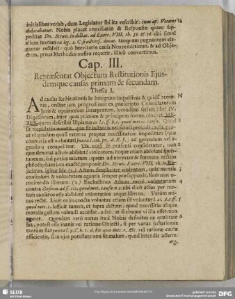 Cap. III. Repraesentat Obiectum Restitutionis Eiusdemque causas primam & secundam