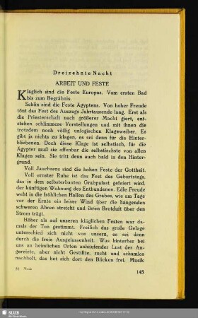 Dreizehnte Nacht. Arbeit Und Feste