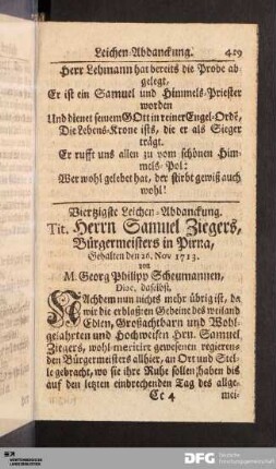 Viertzigste Leichen-Abdanckung. Tit. Herrn Samuel Ziegers...