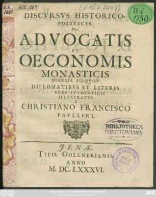 Discursus Historico-Politicus De Advocatis Et Oeconomis Monasticis