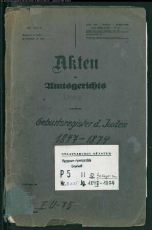 Belegakte zu den Zivilstandsregistern der Juden mit den Orten Aplerbeck, Bausenhagen, Dellwig, Fröndenberg, Hemmerde, Kamen, Langschede, Lünern, Stockum, Unna und Wickede (GHT 1847-1874)