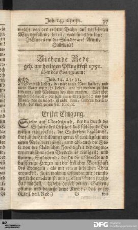 Siebende Rede geh. am heiligen Pfingstfest 1751. über das Evangelium: Joh. 14, 23-31.