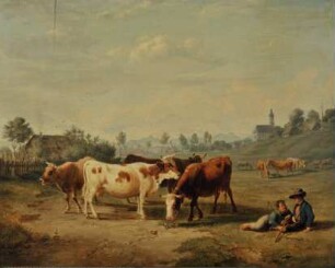 Kühe auf der Weide mit Hirtenknaben