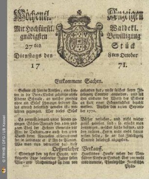 27tes Stück, Dienstags den 8ten October 1771