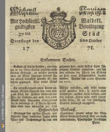 27tes Stück, Dienstags den 8ten October 1771