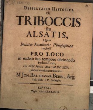 Dissertatio Historica De Triboccis seu Alsatis