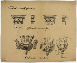 Rathaus zu Lübeck, Pilasterkapitelle (1. Stock), Gewölbeanfänger der unteren Halle, Eckkonsole