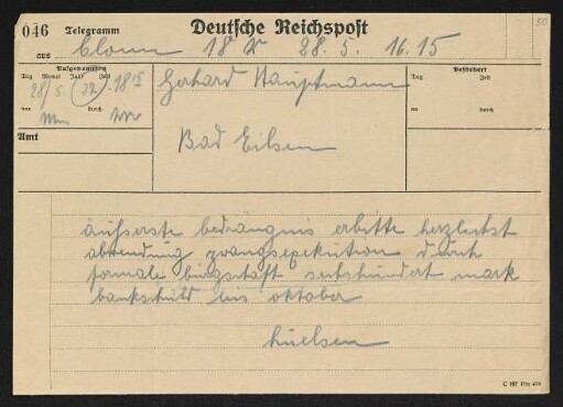 Brief von Hans von Hülsen an Gerhart Hauptmann