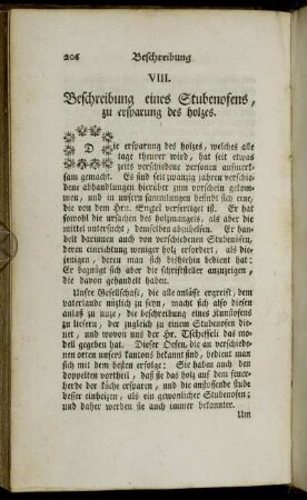 VIII. Beschreibung eines Stubenofens, zu ersparung des holzes