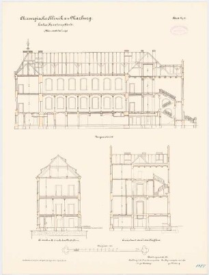 Chirurgische Klinik der Philipps-Universität Marburg: Linkes Krankengebäude: Längsschnitt, Querschnitte 1:100