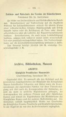 Archive, Bibliotheken, Museen