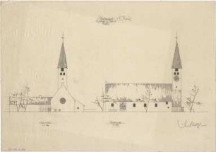 Gsaenger, Gustav; München - Solln; Ev. Apostel Kirche, Pfarrhaus und Jugendheim - Ost- u. Nordseite (Ansichten)
