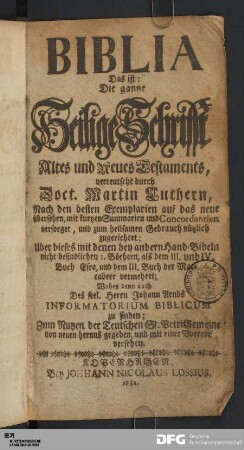 Biblia, Das ist: Die gantze Heilige Schrifft Altes und Neues Testaments