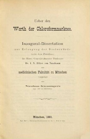 Ueber den Werth der Chloroformnarkose : Inaugural-Dissertation