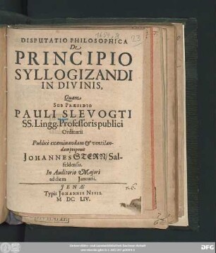 Disputatio Philosophica De Principio Syllogizandi In Divinis