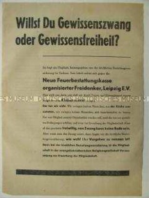 Flugblatt mit Aufruf zum Kirchenaustritt und zur Mitgliedschaft in einem Freidenkerverein