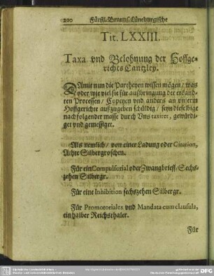 Tit. LXXIII. Taxa und Belohnung der Hoffgerichts Cantzley