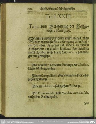 Tit. LXXIII. Taxa und Belohnung der Hoffgerichts Cantzley