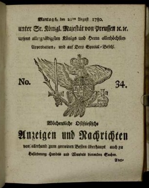 No. 34. Montags, den 21ten August 1780.