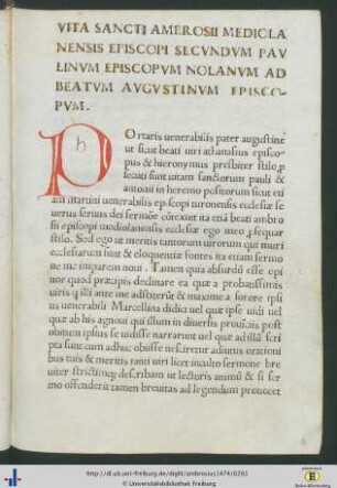 Vita Sancti Ambrosii Mediolanensis Epsicopi Secundum Paulinum Episcopum Nolanum Ad Beatum Augustinum Episcopum.