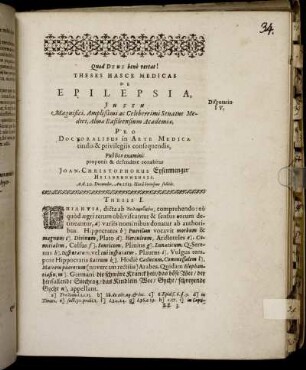Theses Hasce Medicas De Epilepsia, [...]
