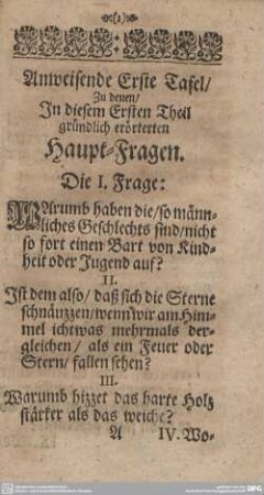 Anweisende Erste Tafel/ Zu denen/ In diesem Ersten Theil gründlich erörterten Haupt-Fragen.