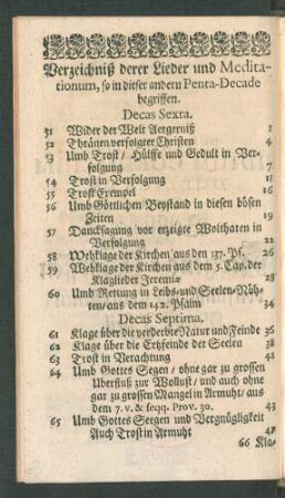 Verzeichniß derer Lieder und Meditationum, so in dieser andern Penta-Decade begriffen.