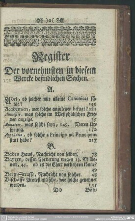Register Der vornehmsten in diesem Wercke befindlichen Sachen