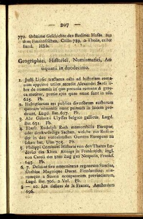Geographici, Historici, Numismatici, Antiquarii in duodecimo.