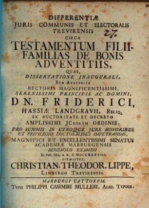 Differentiae iuris communis et electoralis Trevirensis circa testamentum filii-familias de bonis adventitiis