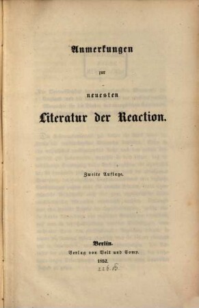 Anmerkungen zur neuesten Literatur der Reaction