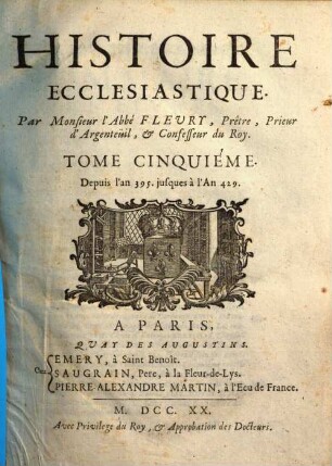 Histoire ecclésiastique, 5. Depuis l'an 395. jusques à l'an 429. - 1720. - 666 S. : Ill.