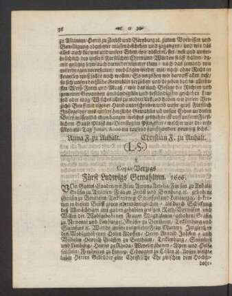 I. Copia-Verzigs Fürst Ludwigs Gemahlinn. 1606.