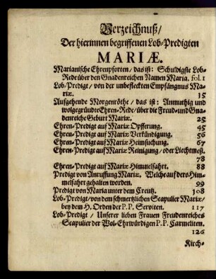 Verzeichnuß/ Der hierinnen begriffenen Lob-Predigten Mariae.