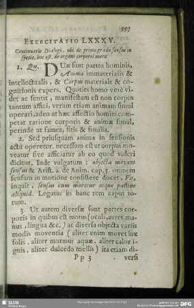 Exercitatio LXXXV. Continuatio Dialogi, ubi de primo gradu sensus in specie, hoc est, de organi corporei motu