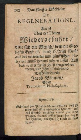 Das fünffte Büchlein/ De Regeneratione, Das ist Von der Neuen Wiedergebuhrt/ ...