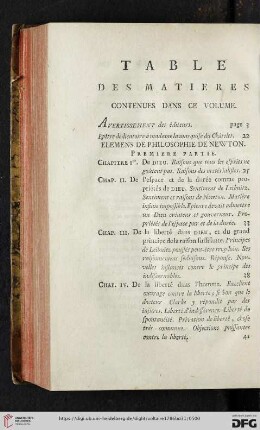 Table des matières contenues dans ce volume