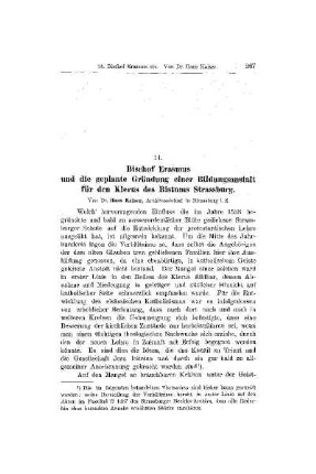Bischof Erasmus und die geplante Gründung einer Bildungsanstalt für den Klerus des Bistums Strassburg