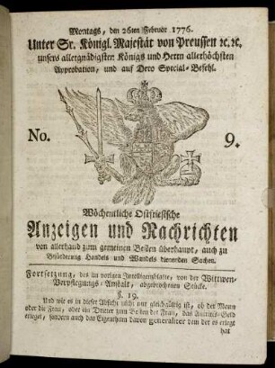 No. 9. Montags, den 26ten Februar 1776.