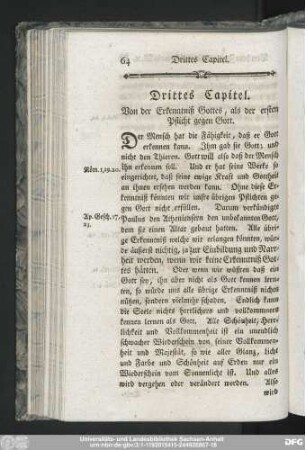 Drittes Capitel. Von der Erkenntniß Gottes, als der ersten Pflicht gegen Gott.
