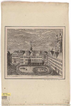 Ansicht des Marktplatzes in Wittenberg, Kupferstich, 1756 : Wagner, Polykarp Samuel : [Ansicht des Marktplatzes in Wittenberg] / P. S. Wagner delin. Fritzsch fc. - Wittenberg , [1756]. - 1 Ansicht auf 1 Kunstbl. : Kupferst. ; 31 x 26 cm