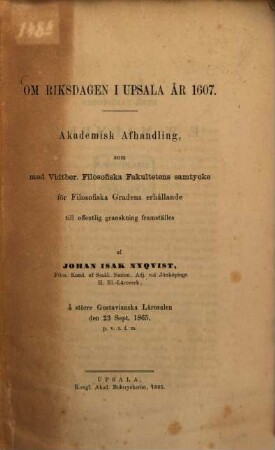 Om riksdagen i Upsala år 1607 : (Doctordissertation.)