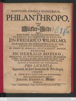 Disputatio Iuridica Inauguralis, De Philanthropo, vulgo von Mäckler-Gelde