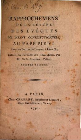 Rapprochemens de la lettre des évêques soi-disant constitutionels au P. Pie VI.