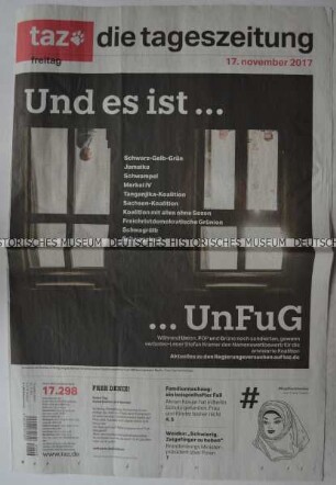 Tageszeitung "taz. die tageszeitung" mit Titel zur Regierungsbildung in Deutschland