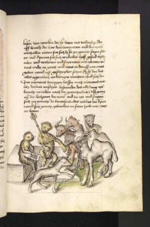 Der Löwe hält Gericht über Dimna, Dimna wird in Ketten vorgeführt; (Kapite III: Vom Gerichtsverfahren gegen Dimna).