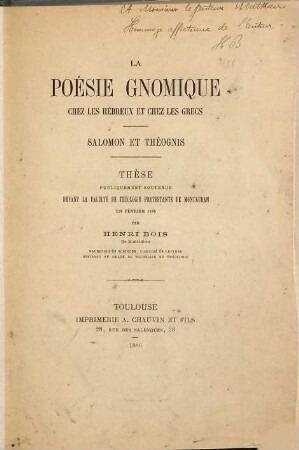 La poésie gnomique chez les Hébreux et chez les Grecs : Salomon et Théognis