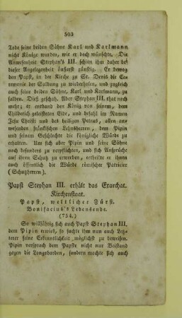 Papst Stephan III. erhaelt das Exarchat. Kirchenstaat. Papst, weltlicher Fuerst. Bonifacius's Lebensende